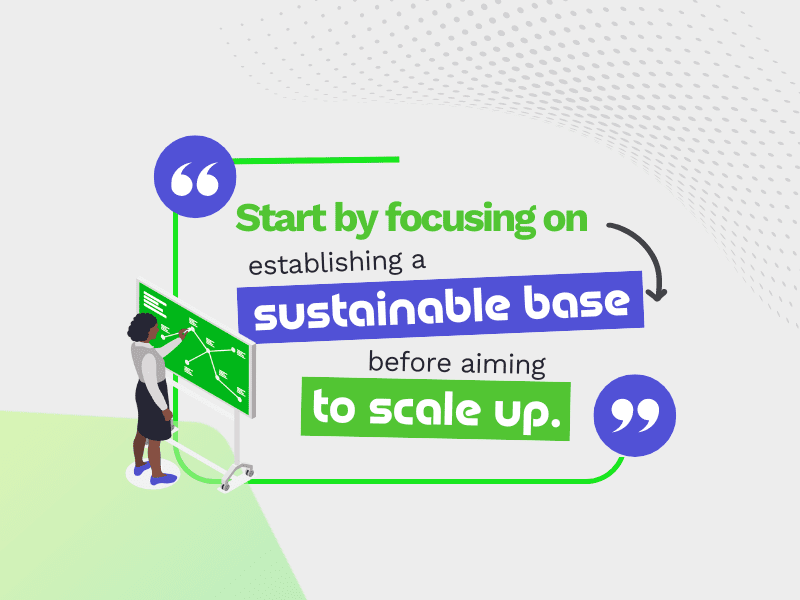 A woman writing on a chalkboard with the text "Start by focusing on establishing a sustainable base before aiming to scale up".