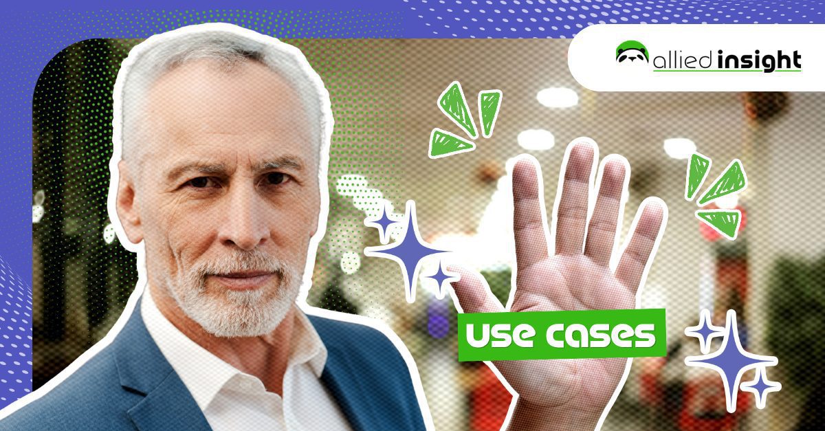 A professional with a raised hand and text "use cases" illustrates 5 AI use cases staffing marketers can try.